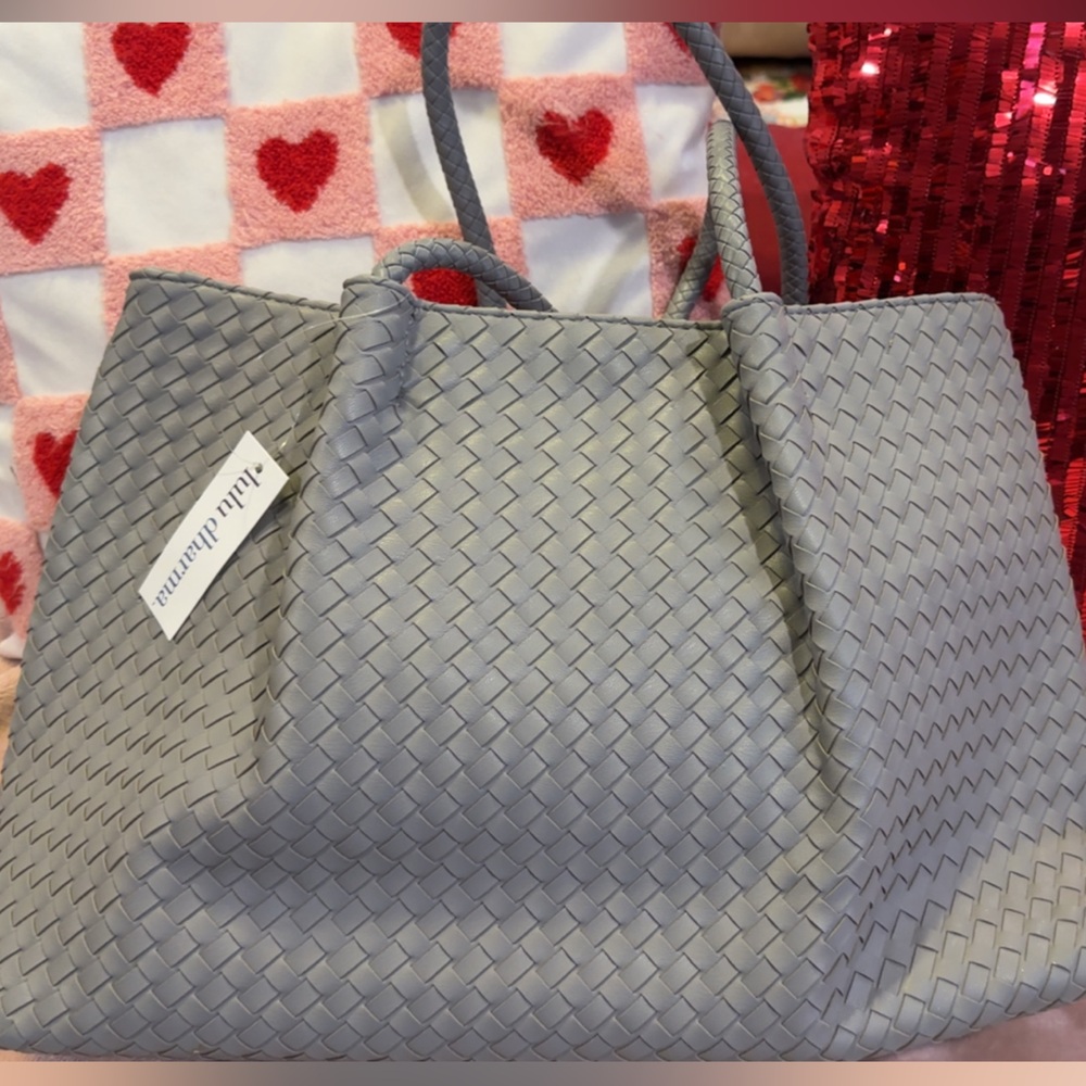 NWT LULU DHARMA #41380 Grey Leather Woven Large Tote Bag